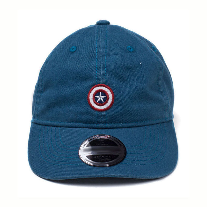 Captain America Embroidered Shield Stone Washed Denim Dad Cap, Blue