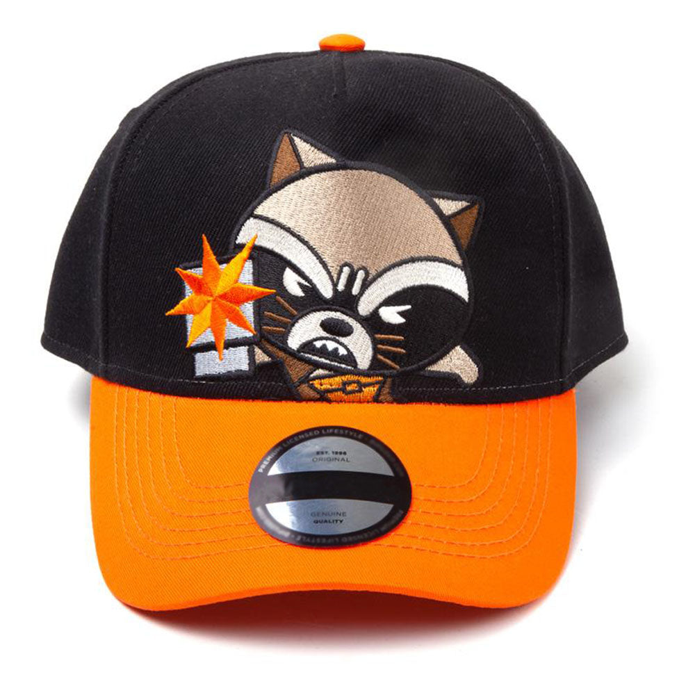 Guardians Of The Galaxy Vol.2 Kawaii Embroidered Rocket Racoon Patch Curved Bill Cap, Black-orange