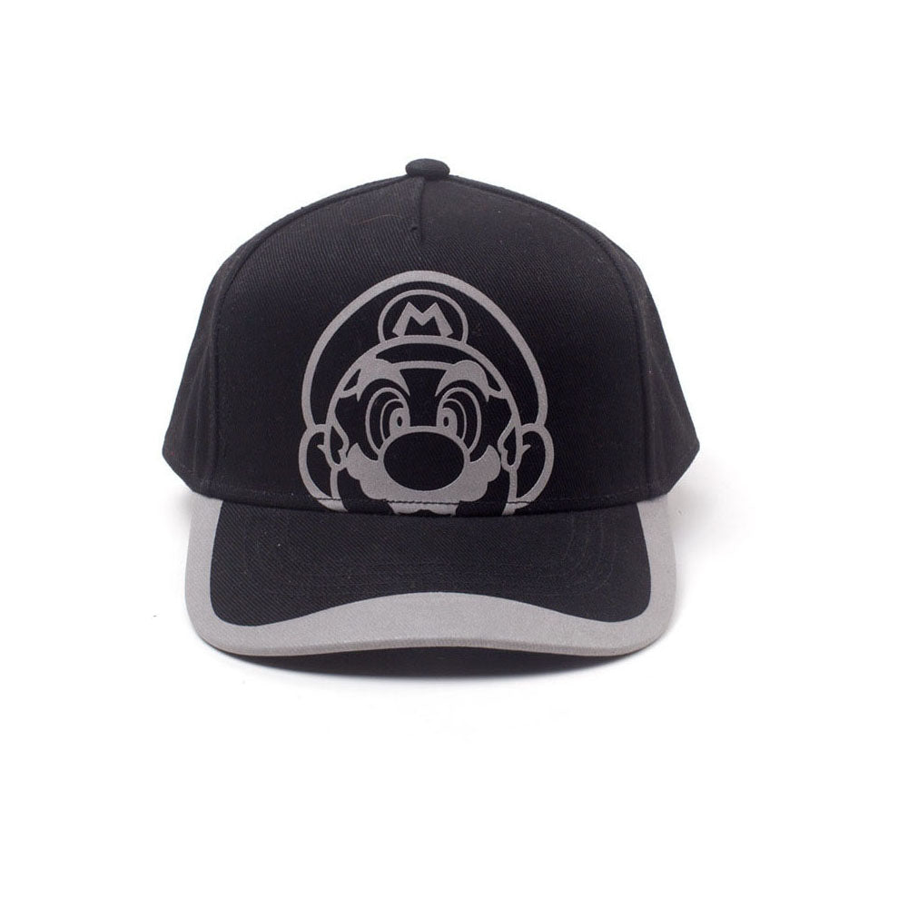 Super Mario Bros. Reflective Mario Print Curved Bill Cap, Black-grey