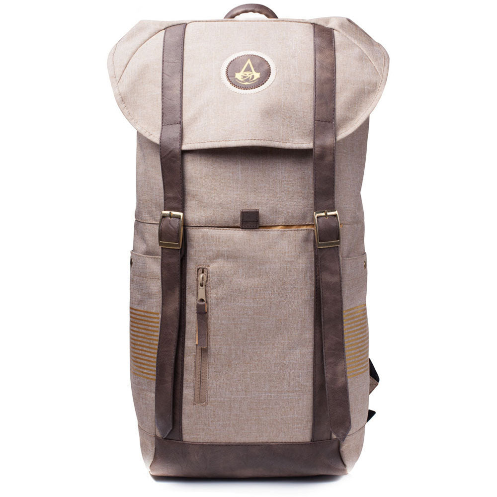 Origins Crest Logo Sport Style Backpack With Dual Buckle Straps, Tan-brown