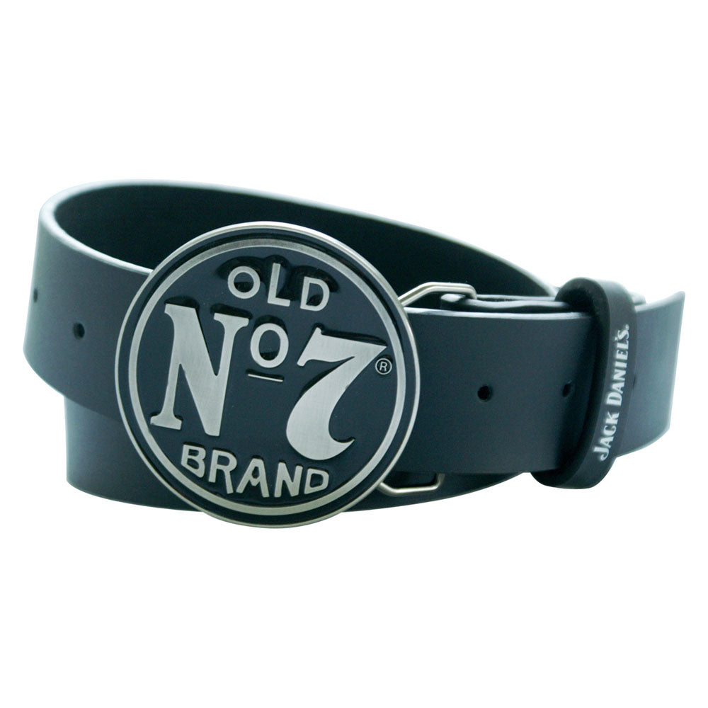 Leather Black Belt With Old No.7 Brand Logo Metal Circle Belt Buckle, Male, Large