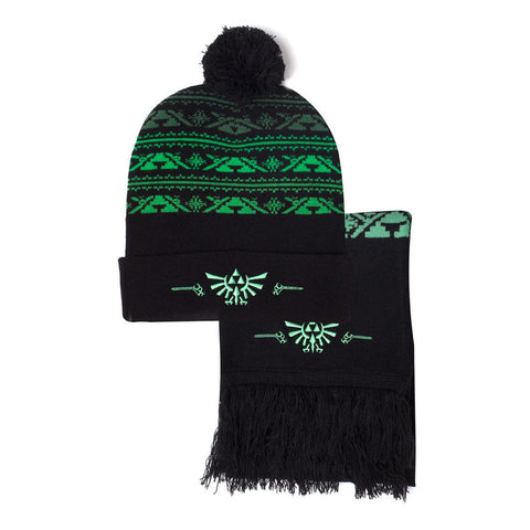 Legend Of Zelda Royal Crest Beanie And Scarf Gift Set, Unisex, Green-black