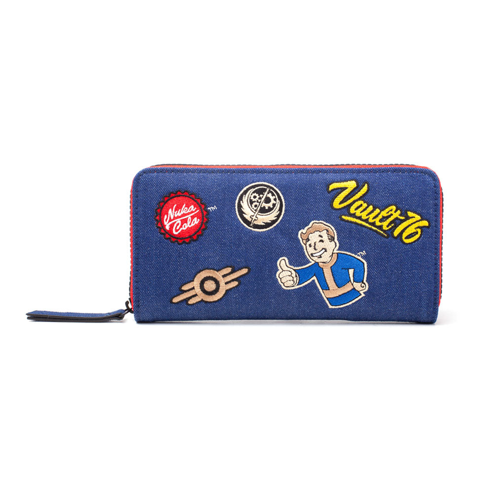 76 Vault 76 Denim With Embroidered Patches Purse Wallet With All-around Zip, Female, Blue-red