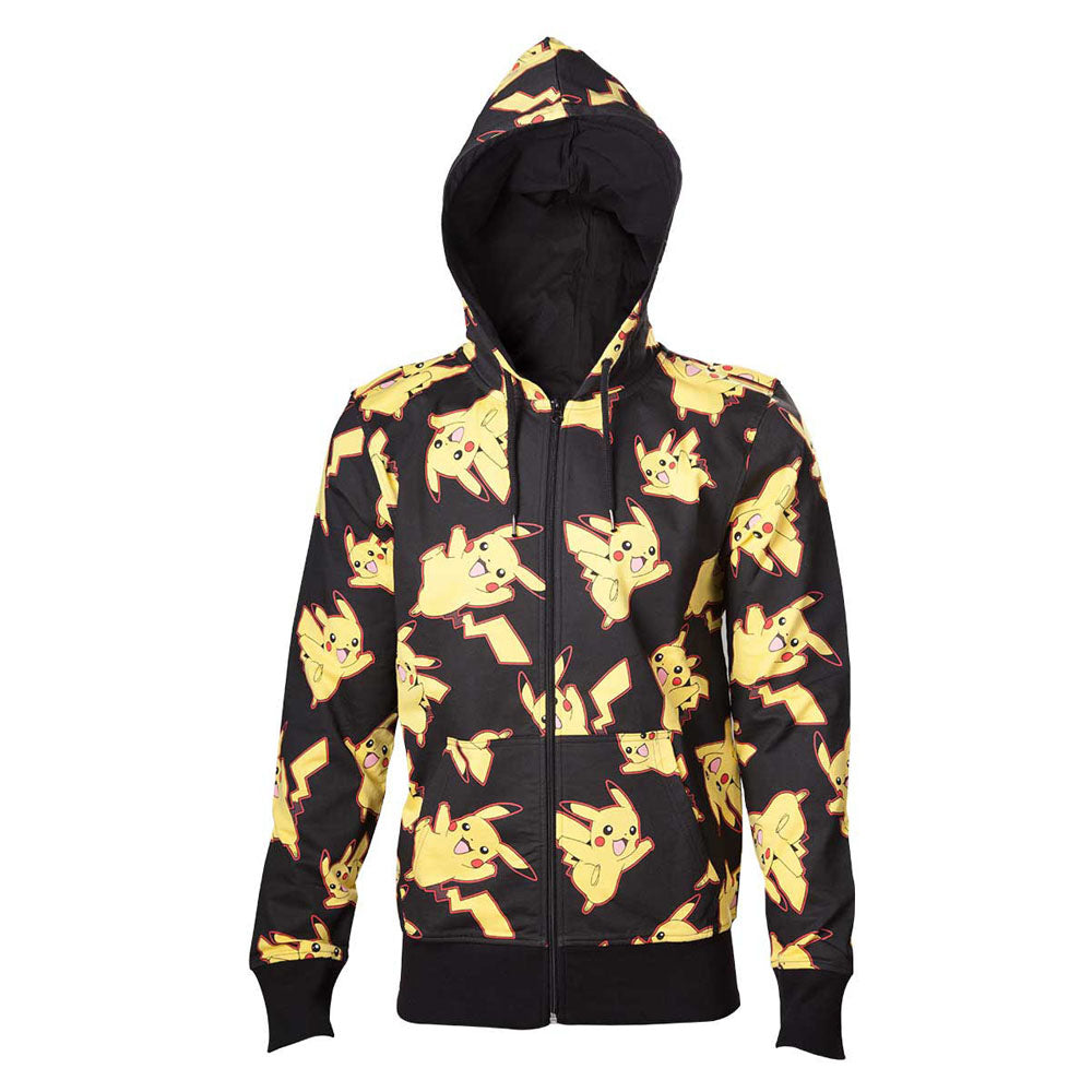 Pikachu All-over Full Length Zipper Hoodie, Male, Medium, Black-yellow