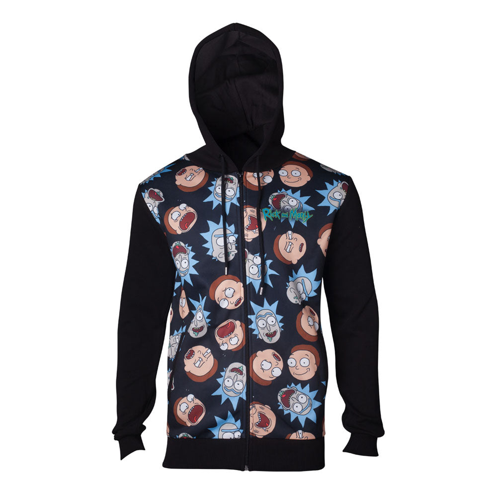 Character Faces Pattern Sublimation Print Full Length Zipped Hoodie, Male, Large, Black