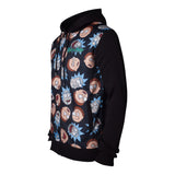 Character Faces Pattern Sublimation Print Full Length Zipped Hoodie, Male, Large, Black