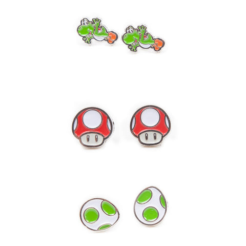 Super Mario Bros. Yoshi, Egg And Red Mushroom Metal Stud Earrings With 3 Pair Set, Female, Multi-colour