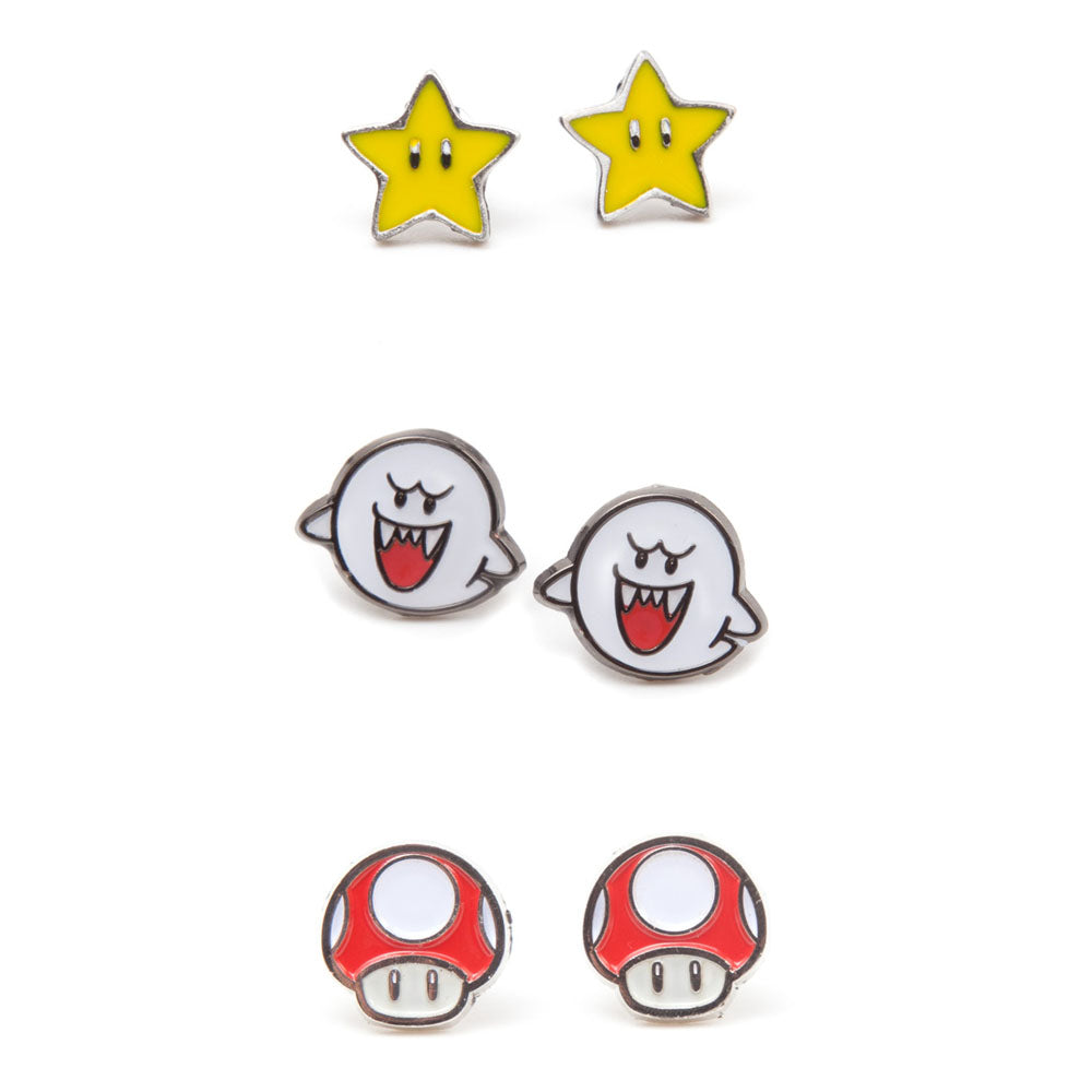 Super Mario Bros. Boo, Super Star And Red Mushroom Metal Stud Earrings With 3 Pair Set, Female, Multi-colour