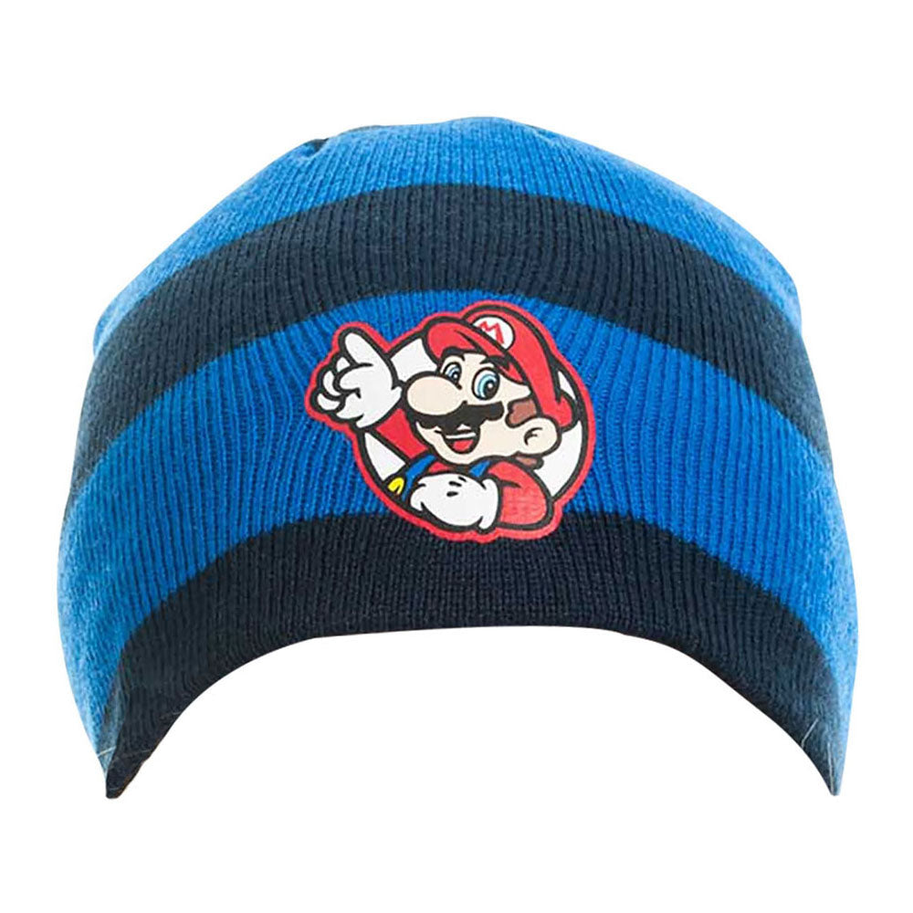 Super Mario Bros. Striped Mario Badge Beanie, Blue-black