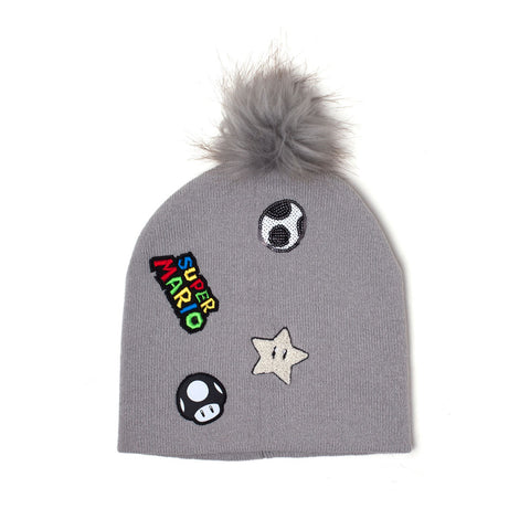 Super Mario Bros. Patches Embroidered Cuffless Beanie, Grey