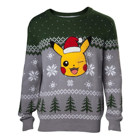 Pikachu Winking Christmas Knitted Sweater, Male, Extra Large, Multi-colour