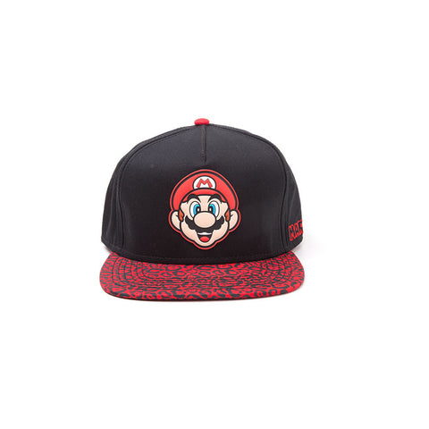 Super Mario Bros. Mario Face Rubber Patch Snapback Baseball Cap With Animal Print Brim, Black-red