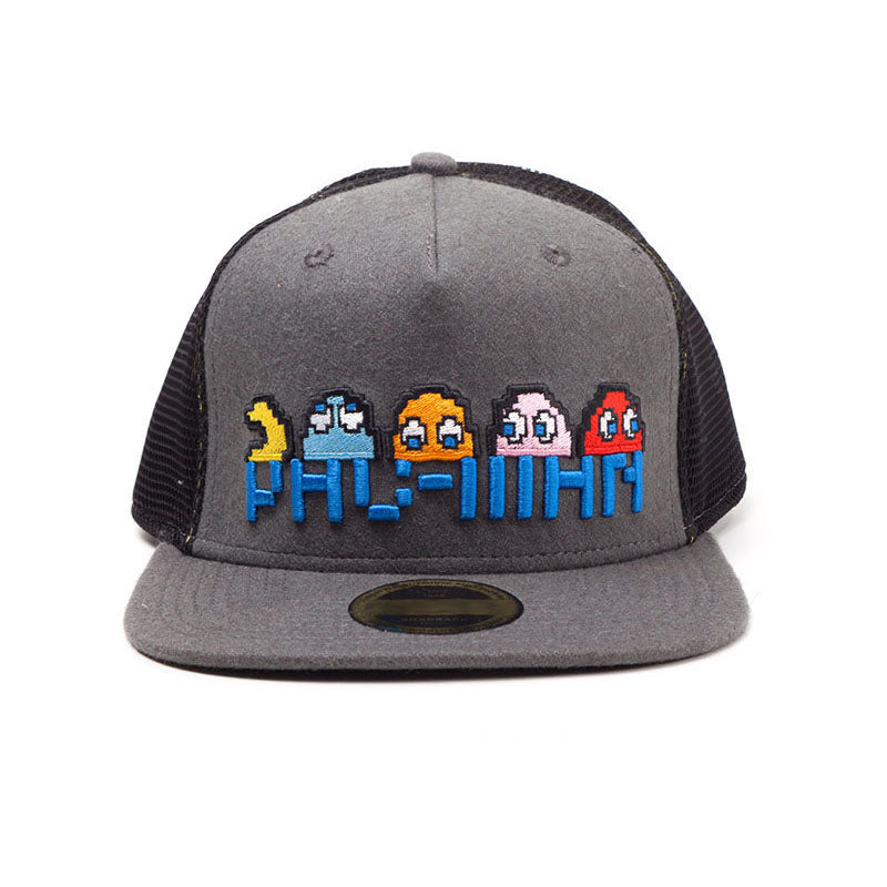 Embroidered Pixel Logo And Characters Snapback Trucker Baseball Cap, Grey-black