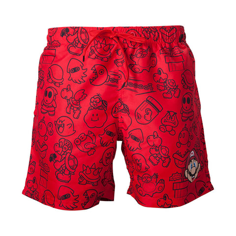 Super Mario Bros. Mario Face & All-over Characters Print Swimming Shorts, Male, Large, Red