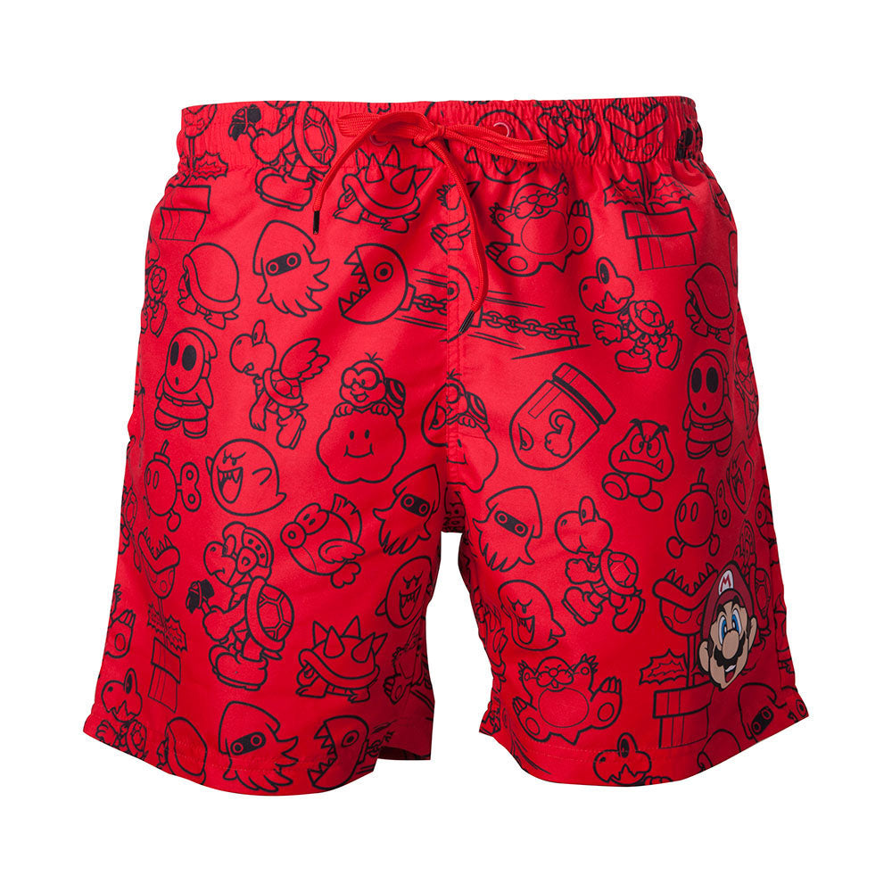 Super Mario Bros. Mario Face & All-over Characters Print Swimming Shorts, Male, Extra Large, Red