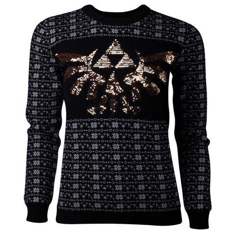 Legend Of Zelda Glitter Tri-force Christmas Knitted Sweater, Female, Large, Black