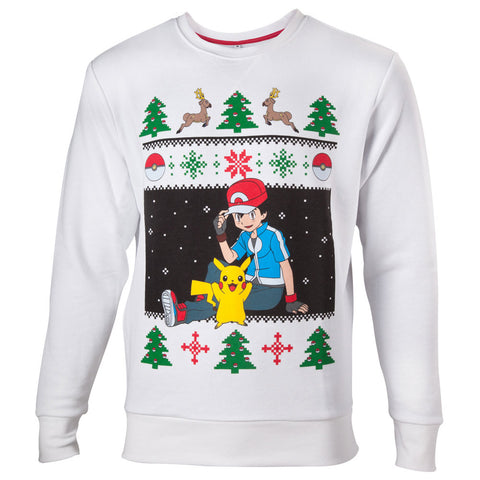 Ash & Pikachu Christmas Sweater, Male, Extra Extra Large, White