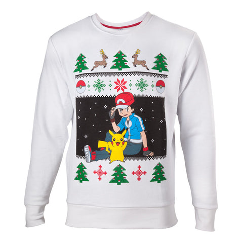 Ash & Pikachu Christmas Sweater, Male, Large, White