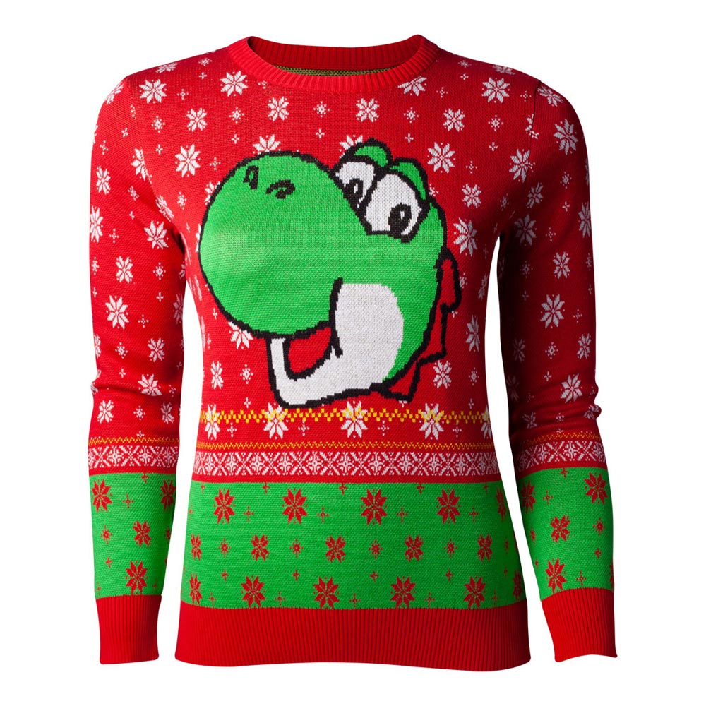 Super Mario Bros. Yoshi Christmas Knitted Sweater, Female, Large, Red-green