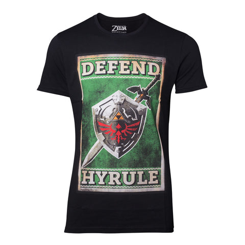 Legend Of Zelda Propaganda Defend Hyrule Sword & Shield Poster T-shirt, Male, Large, Black