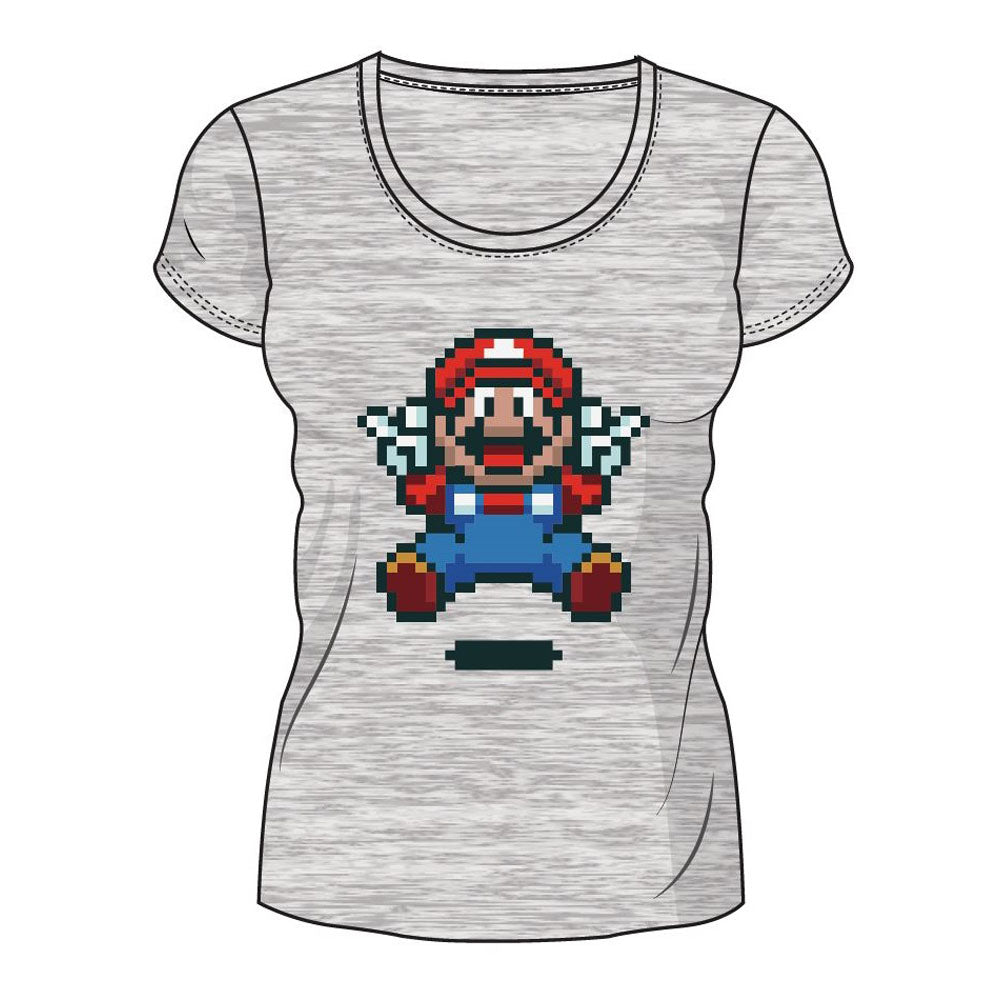 Super Mario Bros. Pixelated Jumping Mario T-shirt, Female, Large, Grey