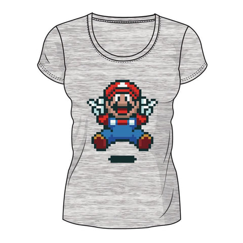 Super Mario Bros. Pixelated Jumping Mario T-shirt, Female, Large, Grey