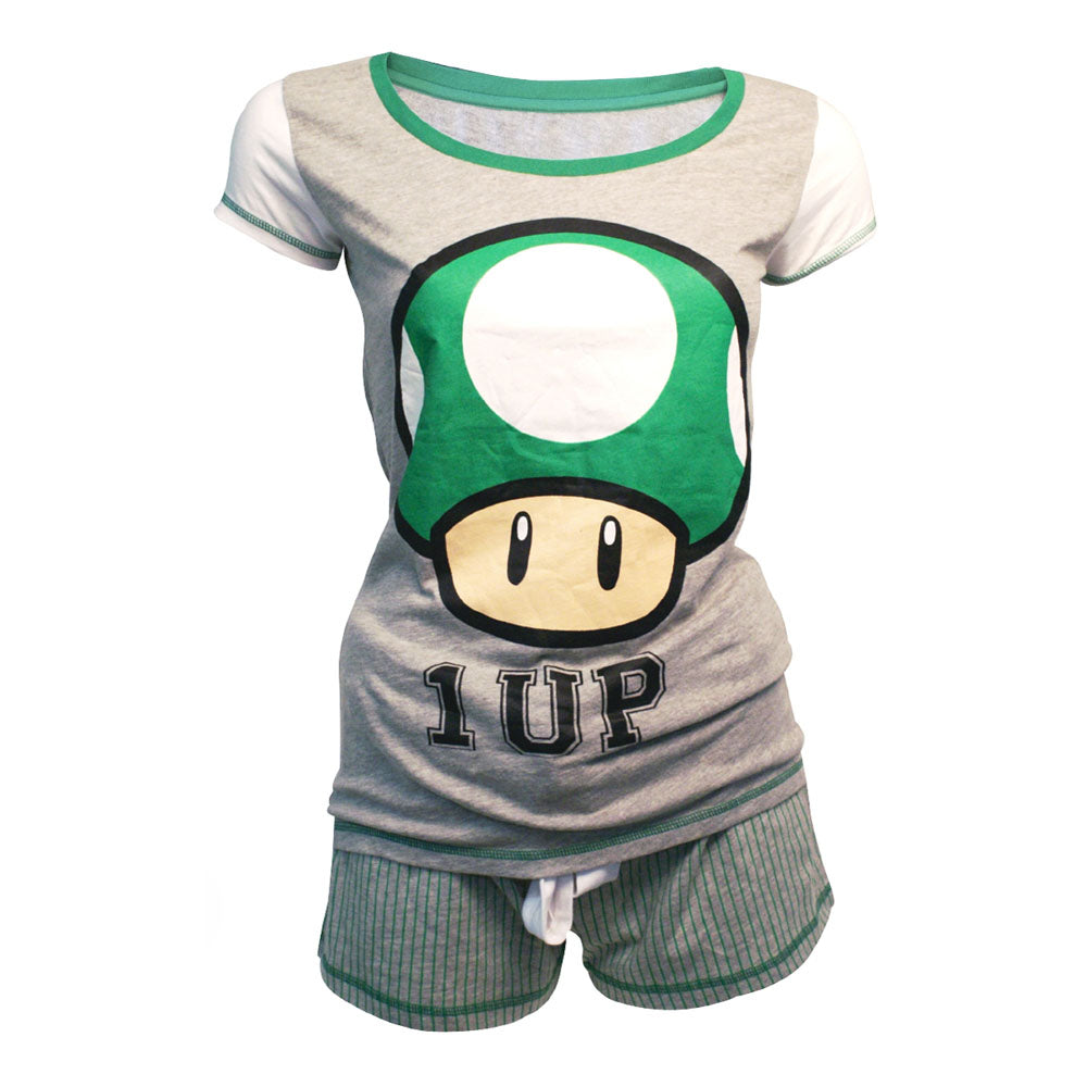 Super Mario Bros. Green 1-up Mushroom Shortama Nightwear Set, Female, Large, Grey-green